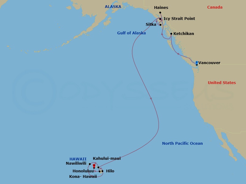 18 Night - Vancouver Scenic Pre Cruisetour - Norwegian Spirit Tours - Starting in At Hotel, Vancouver, Canada, Ketchikan (Ward Cove), Ak, Icy Strait Point, Ak, Sitka, Ak, Haines, AK, Kahului, Maui, Hi, Nawiliwili, Kauai, Hawaii, Hilo, Hi, Kona, Hi, Honolulu, Hi itinerary map