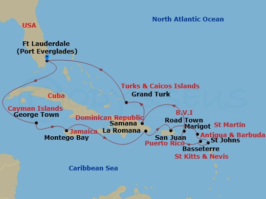 14 Night - The Americas & Caribbean - Crystal Symphony - Starting in Fort Lauderdale, George Town (Grand Cayman), Montego Bay, Casa de Campo, San Juan, Marigot, St Martin, St Johns, St Kitts (Basseterre), Road Town, Samana, Grand Turk, Fort Lauderdale itinerary map
