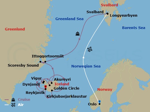 22 Night - High Arctic Wonders & Iceland Discovery - Cruise & Land Journey - Scenic Eclipse - Starting in Oslo, Oslo / Longyearbyen, Spitsbergen, Svalbard Archipelago, Ittoqqortoormiit, Greenland, Scoresbysund, Greenland, At Sea / Akureyri, Iceland, Akureyri, Iceland, Vigur Island, Iceland, Dynjandivogur Waterfall, Iceland, Reykjavik, Reykjavik / Kirkjubajarklaustur, Kirkjubajarklaustur, Kirkjubajarklaustur / Golden Circle, Golden Circle, Golden Circle / Reykjavik / Sky Lagoon, Reykjavik itinerary map