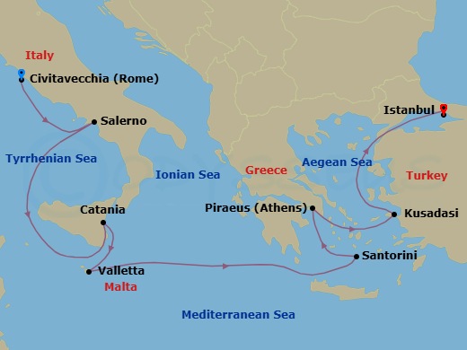 11 Night - Rome & Etruria Pre Cruisetour - Norwegian Viva Tours - Starting in At Hotel, Civitavecchia Rome, Italy, Amalfi Coast (Salerno), Italy, Catania, Italy, Valletta, Malta, Santorini Island, Greece, Piraeus / Athens, Greece, Kusadasi, Turkey, Istanbul, Turkey itinerary map