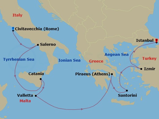 11 Night - Rome & Etruria Pre Cruisetour - Norwegian Viva Tours - Starting in At Hotel, Civitavecchia Rome, Italy, Amalfi Coast (Salerno), Italy, Catania, Italy, Valletta, Malta, Piraeus / Athens, Greece, Santorini Island, Greece, Izmir / Ephesus, Turkey, Istanbul, Turkey itinerary map