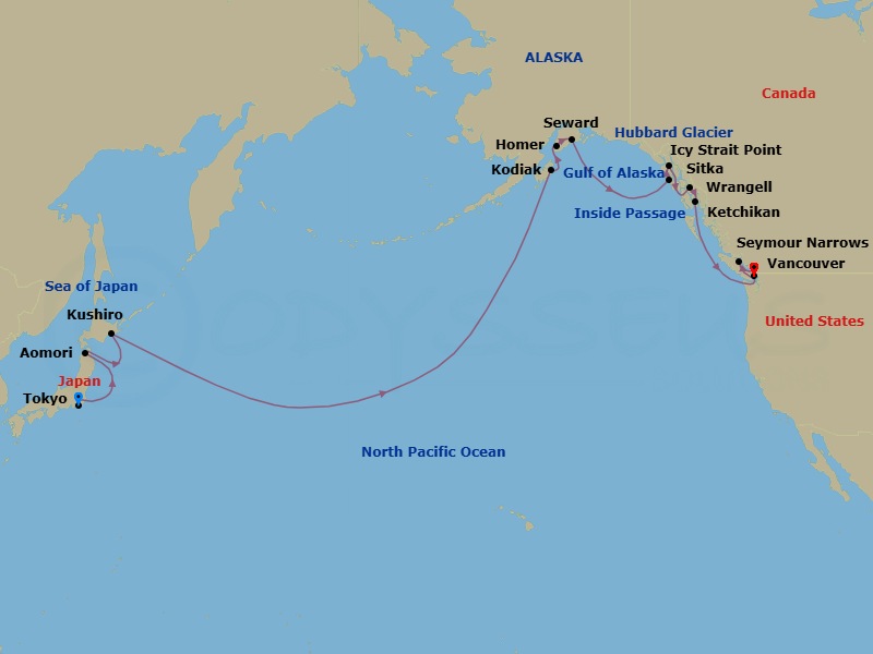 18 Night - Alaska from Tokyo to Vancouver - Crystal Symphony - Starting in Tokyo, Aomori, Kushiro, Date Line gain a day, Kodiak Island, Alaska, Homer, Seward, Cruise Hubbard Glacier, Alaska, Sitka, Alaska, Icy Strait Point, Alaska, Wrangell, Ketchikan, Seymour Narrows, British Columbia, Vancouver itinerary map