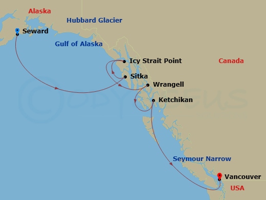 7 Night - Alaska from Seward to Vancouver - Crystal Symphony - Starting in Seward, Cruise Hubbard Glacier, Alaska, Sitka, Alaska, Icy Strait Point, Alaska, Wrangell, Ketchikan, Seymour Narrows, British Columbia, Vancouver itinerary map