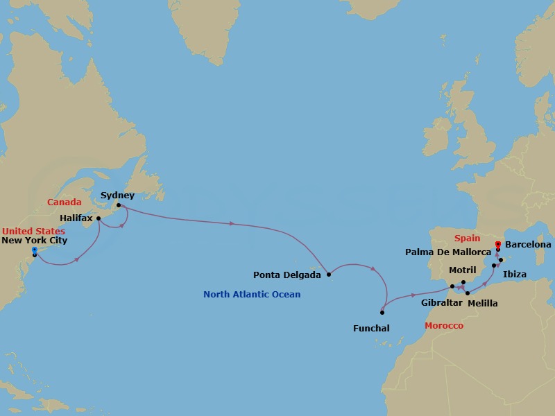 16 Night - Repo - Transatlantic - Norwegian Escape - Starting in New York City, Ny, Halifax, Canada, Sydney NS, Cape Breton Island, Canada, Ponta Delgada, Portugal, Funchal, Portugal, Gibraltar, Motril, Spain, Melilla, Spain, Ibiza, Spain, Palma Majorca, Spain, Barcelona, Spain itinerary map