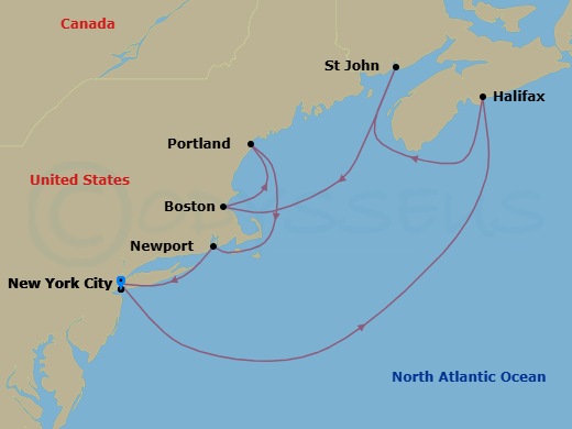 7 Night - Canada & New England - New York - Norwegian Escape - Starting in New York City, Ny, Halifax, Canada, Saint John NB (Bay of Fundy), Boston, Ma, Portland ME, Newport, Ri, New York City, Ny itinerary map