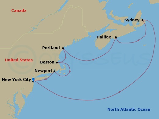 7 Night - Canada & New England - New York - Norwegian Escape - Starting in New York City, Ny, Sydney NS, Cape Breton Island, Canada, Halifax, Canada, Portland ME, Boston, Ma, Newport, Ri, New York City, Ny itinerary map