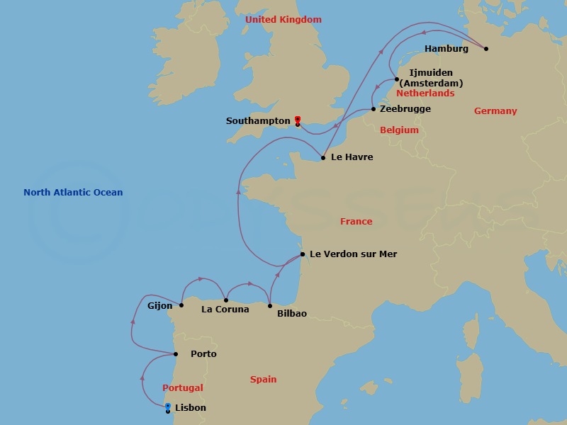 14 Night - Europe - Norwegian Star - Starting in Lisbon, Portugal, Oporto, Portugal, La Coruna, Spain, Gijon, Spain, Bilbao, Le Verdon Bordeaux, France, Le Havre / Paris, France, Hamburg, Germany, Amsterdam / Ijmuiden, Netherlands, Zeebrugge / Brussels / Brugge, Belgium, London (Southampton), United Kingdom itinerary map