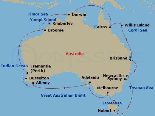 29 Night - Round Australia - Crown Princess - Starting in Brisbane, Australia, Newcastle AU, Sydney AU, Hobart, Australia, Melbourne, Australia, Adelaide, Australia, Albany AU, Margaret River (Busselton), Australia, Perth (Fremantle), Australia, Broome, Australia, Yampi Sound (Scenic Cruising), Kimberley Coast (Scenic Cruising), Australia, Darwin, Australia, Cairns, Australia, Willis Island, Australia, Brisbane, Australia itinerary map