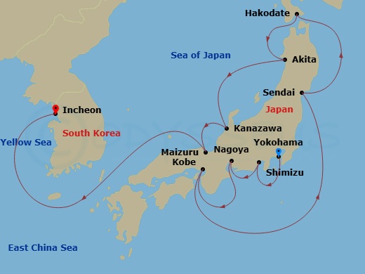 14 Night - Tokyo Pre Cruisetour - Norwegian Jade Tours - Starting in At Hotel, Tokyo (Yokohama), Japan, Mount Fuji / Shimizu, Japan, Nagoya, Japan, Kyoto / Kobe, Japan, Sendai (Ishinomaki), Japan, Hakodate, Japan, Akita, Japan, Kanazawa, Japan, Maizuru, Japan, Seoul (Incheon), South Korea itinerary map