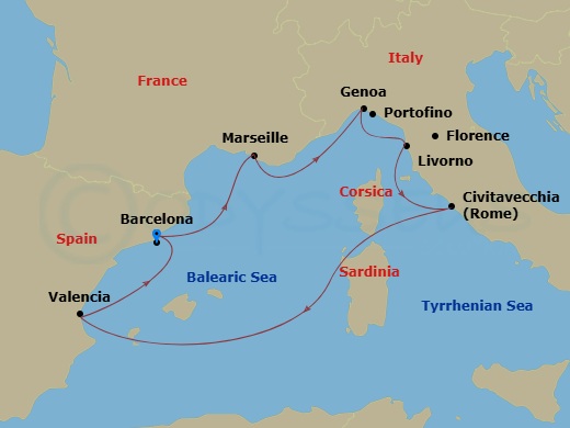 MSC Sinfonia - 7 Night - Mediterranean - MSC Sinfonia - Starting in Barcelona, Spain, Marseille (Provence), France, Genoa (Portofino), Italy, Livorno (Florence), Italy, Civi.. itinerary map