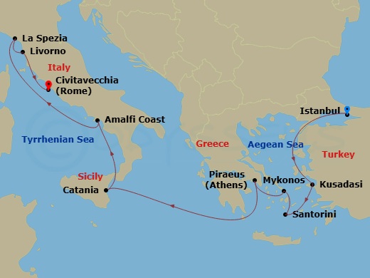 Norwegian Viva Cruise Tours - 12 Night - Istanbul City Highlights Pre Cruisetour - Norwegian Viva Cruise Tours - Starting in At Hotel, Istanbul, Turkey, Kusadasi, Turkey, Santorini Island,.. itinerary map