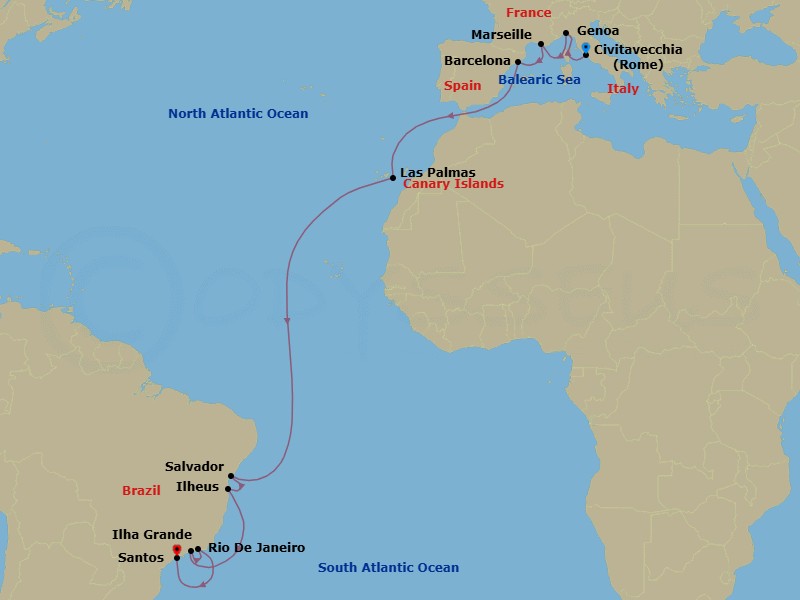 18 Night - Msc Grand Voyages - MSC Divina - Starting in Civitavecchia (Rome), Italy, Genoa (Portofino), Italy, Marseille (Provence), France, Barcelona, Spain, Las Palmas de Gran Canaria (Canary Islands), Spain, Salvador, Brazil, Ilheus, Brazil, Ilha Grande, Brazil, Rio De Janeiro, Brazil, Santos (Sao Paulo), Brazil itinerary map