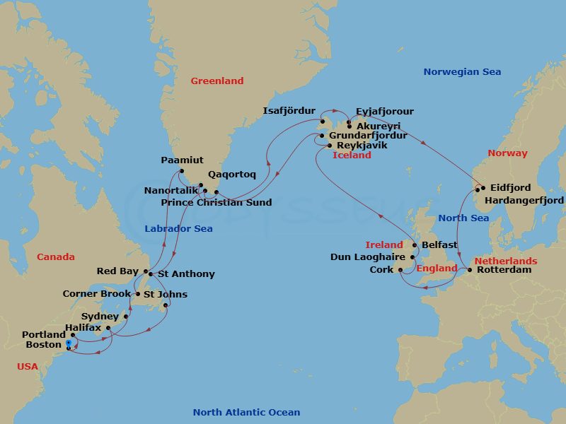 Volendam - 35 Night - Legendary Voyage of the Vikings - Volendam - Starting in Boston, Massachusetts, Portland ME, Sydney NS, Nova Scotia, Canada, Corner Brook, Newfound.. itinerary map