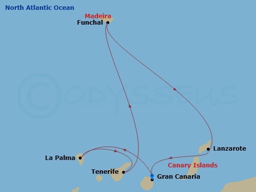 7 Night - Canary Islands and Madeira - MSC Fantasia - Starting in Las Palmas de Gran Canaria (Canary Islands), Spain, Santa Cruz de La Palma, Santa Cruz de Tenerife, Funchal (Madeira Islands), Portugal, Arrecife De Lanzarote (Canary Islands), Spain, Las Palmas de Gran Canaria (Canary Islands), Spain itinerary map