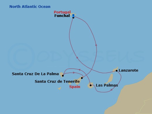 7 Night - Canary Islands and Madeira - MSC Fantasia - Starting in Funchal (Madeira Islands), Portugal, Arrecife De Lanzarote (Canary Islands), Spain, Las Palmas de Gran Canaria (Canary Islands), Spain, Santa Cruz de La Palma, Santa Cruz de Tenerife, Funchal (Madeira Islands), Portugal itinerary map