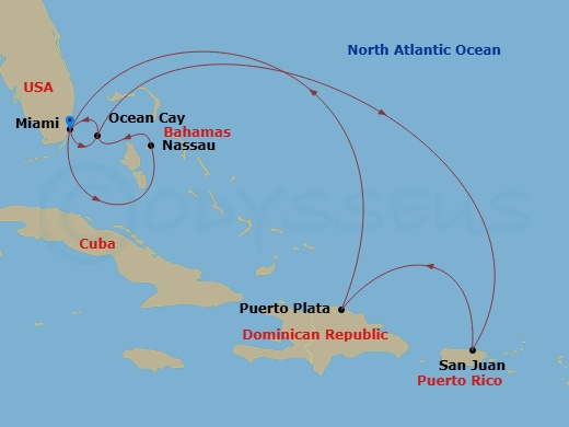 10 Night - Caribbean and Antilles - MSC Seaside - Starting in Miami, Florida, Nassau, Bahamas, Ocean Cay Msc Marine Reserve, Bahamas, Miami, Florida, Ocean Cay Msc Marine Reserve, Bahamas, San Juan Porto Rico, Puerto Plata, Dominican Republic, Miami, Florida itinerary map