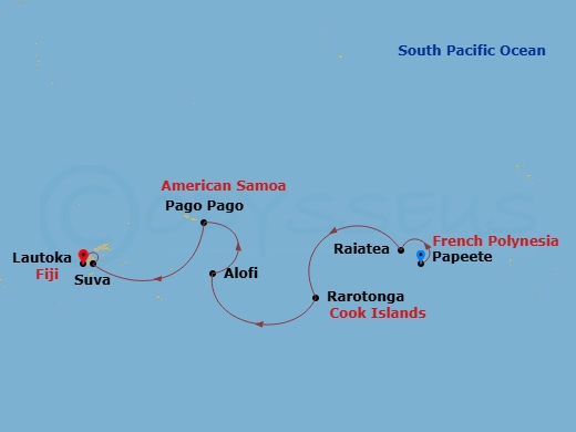 Oceania Riviera - 11 Night - South Pacific Splendor - Oceania Riviera - Starting in Papeete (Tahiti), Raiatea, Rarotonga, Alofi, Pago Pago, Cross the International Date Line, S.. itinerary map