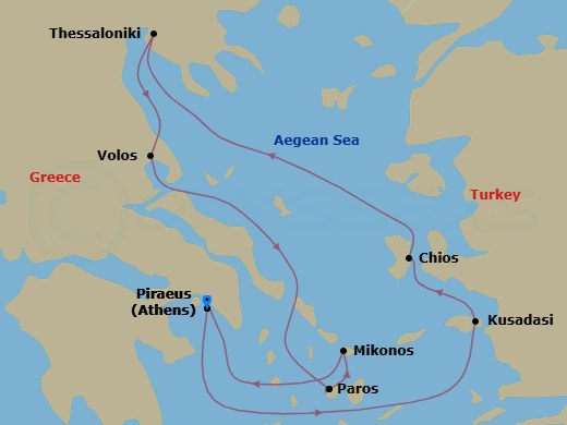 7 Night - Greece Intensive Cruise : Thessaloniki, Volos & Mykonos - Azamara Onward - Starting in Athens (Piraeus), Ephesus (Kusadasi), Chios, Thessaloniki, Volos, Paros, Mykonos, Athens (Piraeus) itinerary map