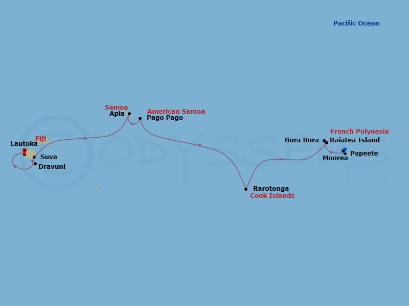 13 Night - South Pacific - Norwegian Spirit - Starting in Papeete, French Polynesia, Moorea, French Polynesia, Bora Bora, French Polynesia, Raiatea, French Polynesia, Rarotonga, Cook Islands, Pago Pago, American Samoa, Apia, Samoa, Cross International Dateline, at Sea, Suva, Fiji, Dravuni, Fiji, Lautoka, Fiji itinerary map