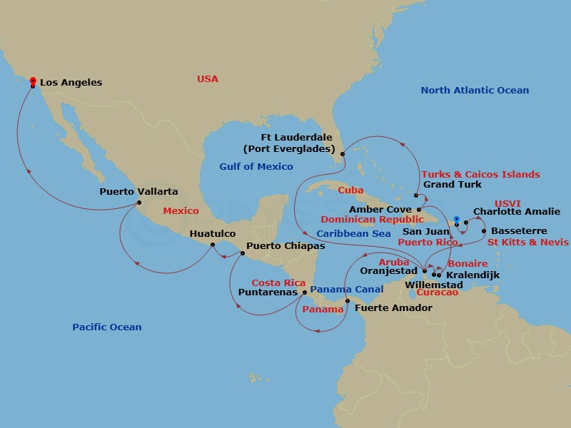 Grand Princess - 27 Night - Panama Canal and Caribbean Adventurer - Grand Princess - Starting in San Juan, Puerto Rico, St Thomas, US Virgin Islands, St Kitts, Aruba, Curacao,.. itinerary map