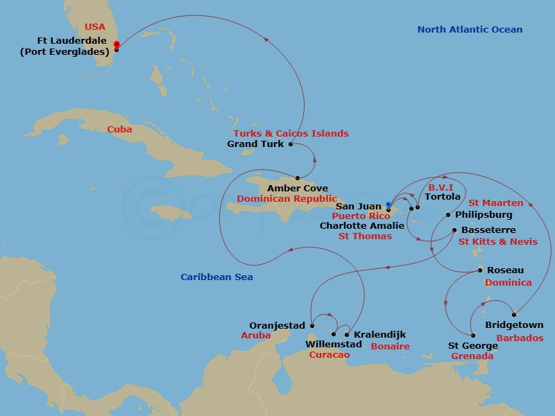 Grand Princess - 18 Night - Southern Caribbean Adventurer - Grand Princess - Starting in San Juan, Puerto Rico, St Maarten, Dominica, Grenada, Barbados, Tortola, British Virgi.. itinerary map