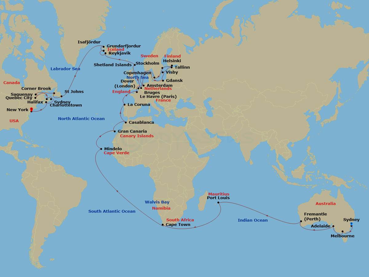 Crown Princess - 77 Night - World Cruise Liner - Sydney to New York - Crown Princess - Starting in Sydney AU, Melbourne, Australia, Adelaide, Australia, Perth (Fremantle), Aus.. itinerary map