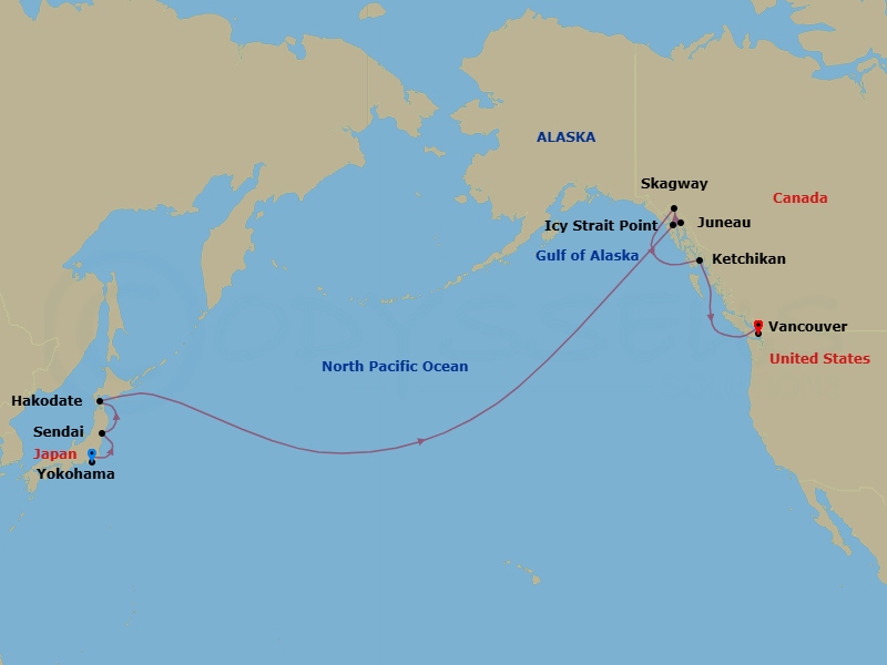 15 Night - Transpacific - Norwegian Jade - Starting in Tokyo (Yokohama), Japan, Sendai (Ishinomaki), Japan, Hakodate, Japan, Cross International Dateline, at Sea, Icy Strait Point, Ak, Juneau, Ak, Skagway, Ak, Ketchikan (Ward Cove), Ak, Vancouver, Canada itinerary map