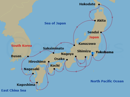 14 Night - Asia - Japan - Norwegian Jade - Starting in Tokyo (Yokohama), Japan, Nagoya, Japan, Mount Fuji / Shimizu, Japan, Kyoto / Osaka, Japan, Kochi, Japan, Hiroshima, Japan, Kagoshima, Japan, Nagasaki, Japan, Busan, South Korea, Sakaiminato, Japan, Kanazawa, Japan, Akita, Japan, Hakodate, Japan, Sendai (Ishinomaki), Japan, Tokyo (Yokohama), Japan itinerary map