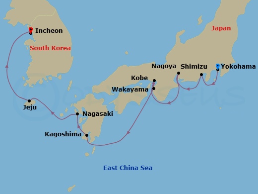 9 Night - Asia - Japan - Norwegian Jade - Starting in Tokyo (Yokohama), Japan, Mount Fuji / Shimizu, Japan, Nagoya, Japan, Kyoto / Kobe, Japan, Osaka (Wakayama), Japan, Kagoshima, Japan, Nagasaki, Japan, Jeju, South Korea, Seoul (Incheon), South Korea itinerary map