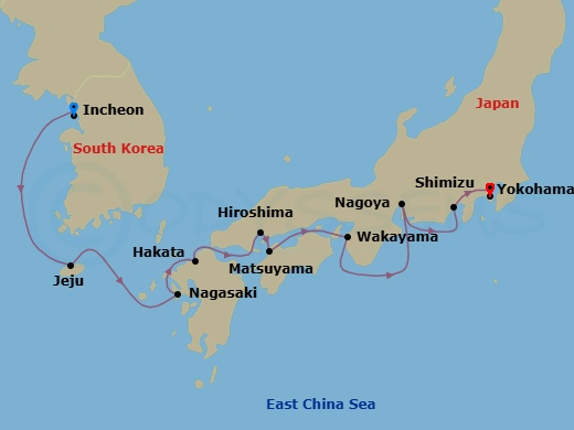 9 Night - Asia - Japan - Norwegian Jade - Starting in Seoul (Incheon), South Korea, Jeju, South Korea, Nagasaki, Japan, Hakata / Fukuoka, Japan, Cruise Kanmon Straits, Japan, Hiroshima, Japan, Matsuyama, Japan, Osaka (Wakayama), Japan, Nagoya, Japan, Mount Fuji / Shimizu, Japan, Tokyo (Yokohama), Japan itinerary map