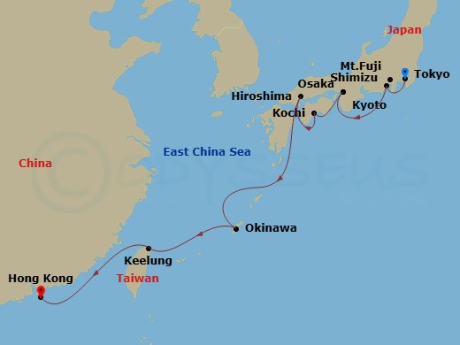 10 Night - Asia - Japan - Norwegian Jade - Starting in Tokyo, Japan, Mount Fuji / Shimizu, Japan, Kyoto / Osaka, Japan, Kochi, Japan, Hiroshima, Japan, Naha / Okinawa, Japan, Taipei / Keelung, Taiwan, Hong Kong, China itinerary map