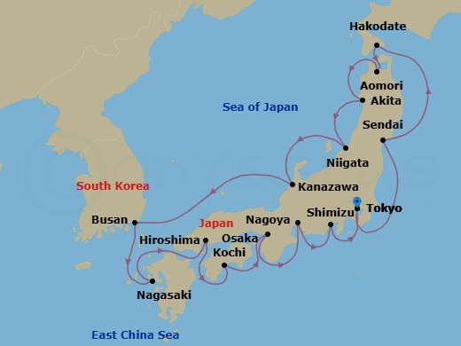 14 Night - Asia - Japan - Norwegian Jade - Starting in Tokyo, Japan, Sendai (Ishinomaki), Japan, Hakodate, Japan, Aomori, Japan, Akita, Japan, Niigata, Japan, Kanazawa, Japan, Busan, South Korea, Nagasaki, Japan, Hiroshima, Japan, Kochi, Japan, Kyoto / Osaka, Japan, Nagoya, Japan, Mount Fuji / Shimizu, Japan, Tokyo, Japan itinerary map