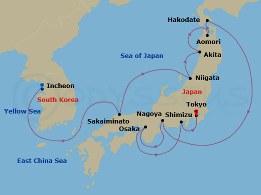 11 Night - Asia - Japan - Norwegian Jade - Starting in Seoul (Incheon), South Korea, Sakaiminato, Japan, Niigata, Japan, Akita, Japan, Aomori, Japan, Hakodate, Japan, Nagoya, Japan, Kyoto / Osaka, Japan, Mount Fuji / Shimizu, Japan, Tokyo, Japan itinerary map