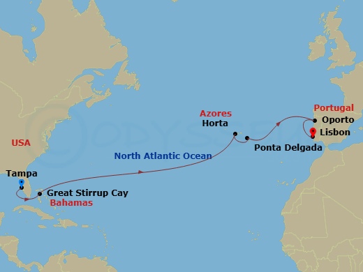 13 Night - Repo - Transatlantic - Norwegian Dawn - Starting in Tampa, Fl, Great Stirrup Cay, Bahamas, Horta, Azores, Portugal, Ponta Delgada, Portugal, Oporto, Portugal, Lisbon, Portugal itinerary map