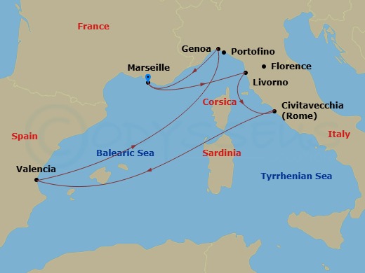 7 Night - Mediterranean - MSC Sinfonia - Starting in Marseille (Provence), France, Livorno (Florence), Italy, Civitavecchia (Rome), Italy, Valencia, Spain, Genoa (Portofino), Italy, Marseille (Provence), France itinerary map