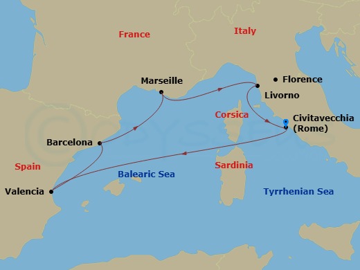 6 Night - Mediterranean - MSC Sinfonia - Starting in Civitavecchia (Rome), Italy, Valencia, Spain, Barcelona, Spain, Marseille (Provence), France, Livorno (Florence), Italy, Civitavecchia (Rome), Italy itinerary map