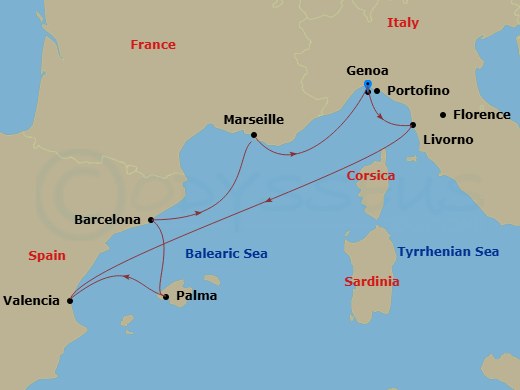 MSC Sinfonia - 7 Night - Mediterranean - MSC Sinfonia - Starting in Genoa (Portofino), Italy, Livorno (Florence), Italy, Valencia, Spain, Palma De Mallorca (Balearic Islands.. itinerary map