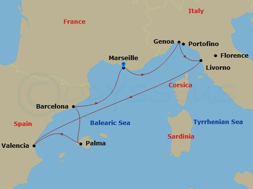 MSC Sinfonia - 7 Night - Mediterranean - MSC Sinfonia - Starting in Marseille (Provence), France, Genoa (Portofino), Italy, Livorno (Florence), Italy, Valencia, Spain, Palma.. itinerary map
