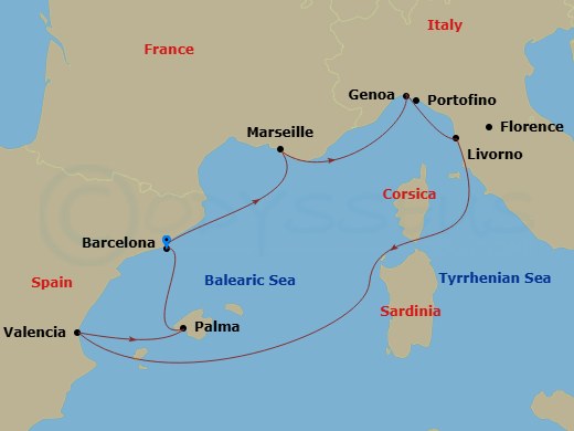 MSC Sinfonia - 7 Night - Mediterranean - MSC Sinfonia - Starting in Barcelona, Spain, Marseille (Provence), France, Genoa (Portofino), Italy, Livorno (Florence), Italy, Vale.. itinerary map