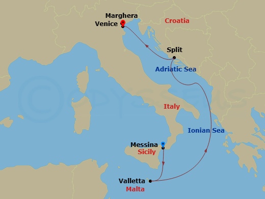 4 Night - Msc Grand Voyages - MSC Armonia - Starting in Messina (Taormina), Italy, La Valletta, Malta, Split, Croatia, Venice / Marghera, Italy itinerary map