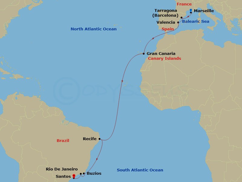 17 Night - Mrs - MSC Sinfonia - Starting in Marseille (Provence), France, Tarragona, Spain, Valencia, Spain, Las Palmas de Gran Canaria (Canary Islands), Spain, Recife, Brazil, Buzios, Brazil, Rio De Janeiro, Brazil, Santos (Sao Paulo), Brazil itinerary map