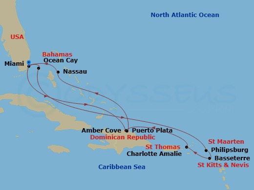 15 Night - Caribbean and Antilles - MSC Seashore - Starting in Miami, Florida, Ocean Cay Msc Marine Reserve, Bahamas, Philipsburg, St Maarten, Basseterre, St Kitts and Nevis, Charlotte Amalie (St Thomas) Virgin Islands, Amber Cove, Dominican Republic, Miami, Florida, Ocean Cay Msc Marine Reserve, Bahamas, Puerto Plata, Dominican Republic, Nassau, Bahamas, Miami, Florida itinerary map