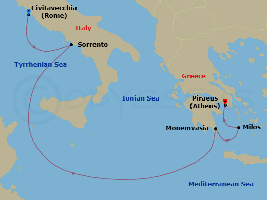 5 Night - A Journey from Ancient Whispers to Aegean Wonders - EXPLORA II - Starting in Civitavecchia (Rome), Sorrento, Monemvasia, Milos, Piraeus (Athens) itinerary map