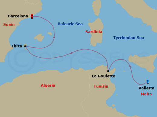 4 Night - A Journey Through Legendary Crossroads & Island Spirit - EXPLORA I - Starting in La Valletta, Tunis / La Goulette, Ibiza, Barcelona itinerary map