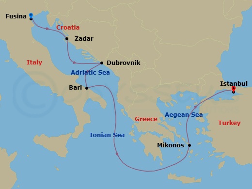 7 Night - A Journey from Classical Beauty to Cultural Dynamism - EXPLORA I - Starting in Fusina (Venice), Zadar, Dubrovnik, Croatia, Bari, Mykonos, Istanbul itinerary map