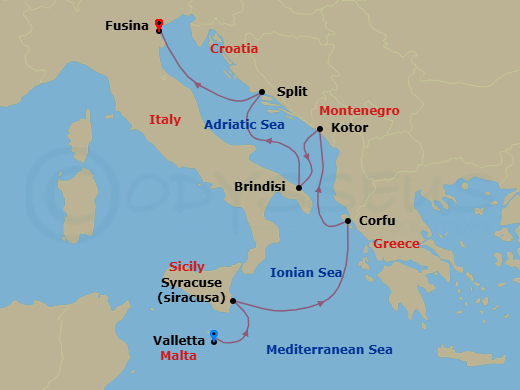 7 Night - A Journey of Stone Cities & Shimmering Waters - EXPLORA I - Starting in La Valletta, Siracusa (Sicily), Corfu, Kotor, Brindisi, Split, Fusina (Venice) itinerary map