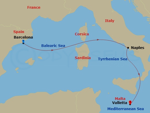 4 Night - A Journey of Cultural Marvels & Natural Beauty - EXPLORA I - Starting in Barcelona, Port of Naples, La Valletta itinerary map