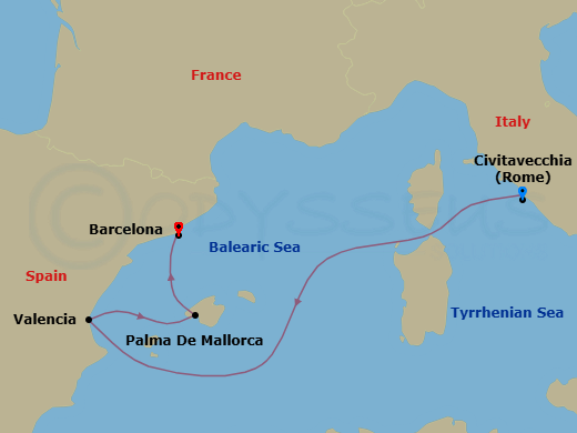 4 Night - A Journey of Living Culture & Southern European Style - EXPLORA I - Starting in Civitavecchia (Rome), Valencia, Palma De Mallorca, Barcelona itinerary map