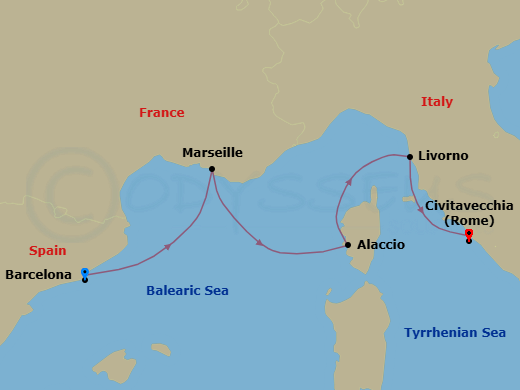 4 Night - A Journey Through Europe's Timeless Charm & Cultural Richness - EXPLORA I - Starting in Barcelona, Marseille, Ajaccio (Corsica), Livorno (Florence), Civitavecchia (Rome) itinerary map