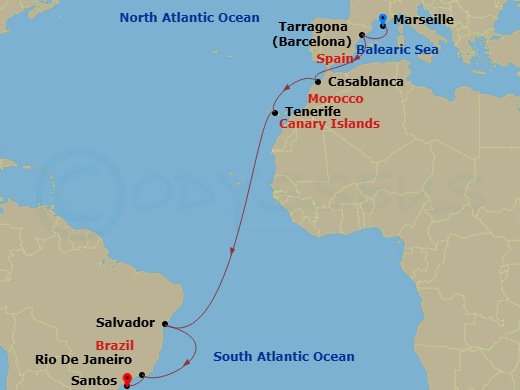 MSC Musica - 15 Night - Msc Grand Voyages - MSC Musica - Starting in Marseille (Provence), France, Tarragona, Spain, Casablanca (Marrakesh), Morocco, Santa Cruz De Tenerif.. itinerary map